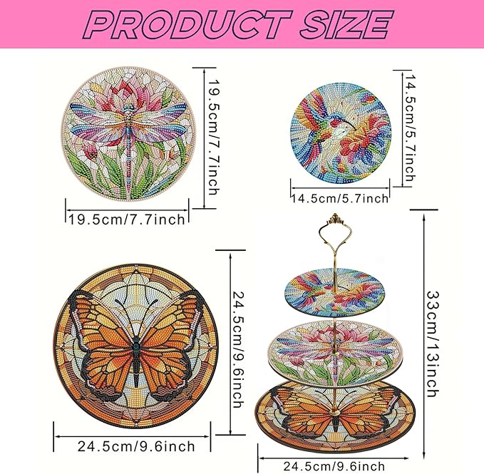 Three-Tier Diamond Painting Wooden Cake Stand DIY Sunflower Diamond Painting Cupcake Towel-Lined Tiered Tray Reusable Pastry Stand (Butterfly)