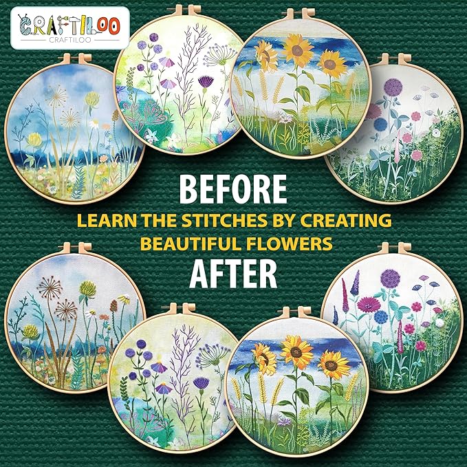 CRAFTILOO 4 Pack Embroidery Kit for Beginners Stamped Cross Stitch Kits for Beginners Needlepoint Kits for Adults Sunflower Cross Stitch Embroidery Kits Needlework Kit DIY Crafts for Woman