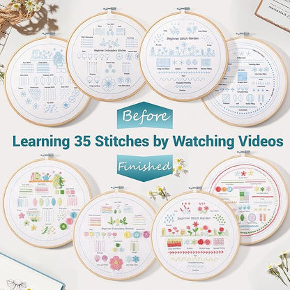 VIVIDOX 4 Sets Embroidery Kit for Beginners Adults, 35 Stitches Practice Kits Cross Stitch for Starter, DIY Hand Craft with Stamped Pattern, Bamboo Hoop, Threads, Needles, Scissors, Tools, Instruction