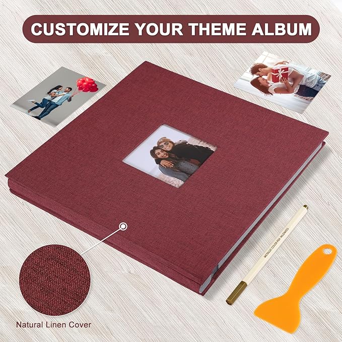 Self Adhesive Photo Album Black Pages Scrapbook Magnetic Photo Albums for 4x6 5x7 8x10 Pictures Books with Sticky Pages with A Metallic Pen for Baby Family Wedding 13.2x12.8 Red 60 Pages