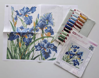 RIOLIS - Blue Irises 2102, Cross Stitch Kits 11¾" x 11¾", Cross Stitch Kits for Adults, Floral Counted Cross Stitch Kits, Embroidery Kit for Beginners & Advanced, Crossstitching Kits