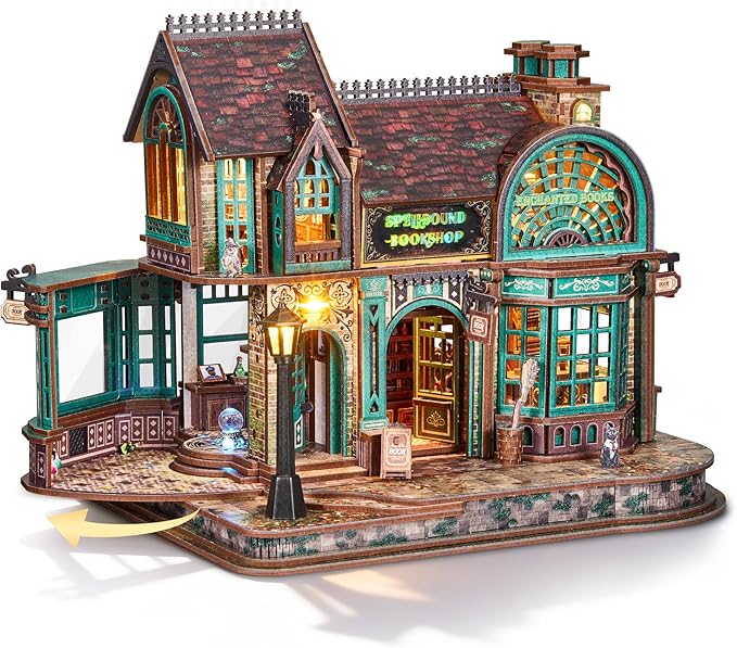3D Wooden Puzzle Magic Bookstore with LED Lights - DIY Miniature Kit, Spellbound Bookshop, Home Décor Display, Creative Gift for Adults and Teens