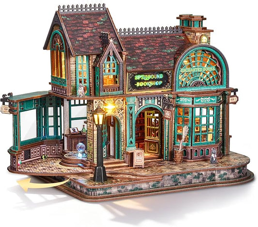 3D Wooden Puzzle Magic Bookstore with LED Lights - DIY Miniature Kit, Spellbound Bookshop, Home Décor Display, Creative Gift for Adults and Teens