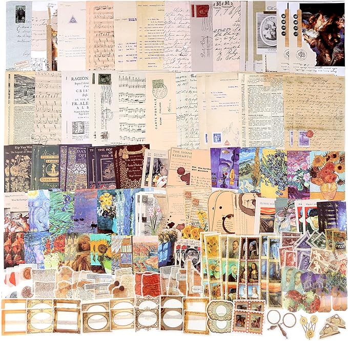 Draupnir 200pcs Vintage Junk Journal Supplies,Scrapbook Supplies Scrapbooking Paper and Stickers Ephemera for Art Aesthetic Journaling Kit Collage(Art)