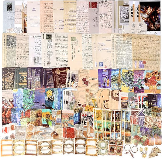 Draupnir 200pcs Vintage Junk Journal Supplies,Scrapbook Supplies Scrapbooking Paper and Stickers Ephemera for Art Aesthetic Journaling Kit Collage(Art)
