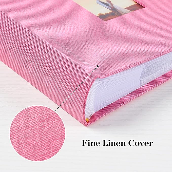 Mublalbum Small 4x6 Photo Album Linen Cover with Memo Areas Photobook Pictures Book Holds Vertical Pockets for Wedding Family Baby and Vacation (Pink)