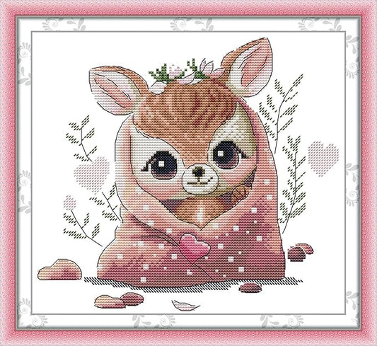 Maydiyer Counted Cross Stitch Kits for Adults,14CT Unprinted Pattern Embroidery Kits for Beginners,Easy Cross-Stitch Set DMC Threads Needlework-Fawn 11.4''×10.6''
