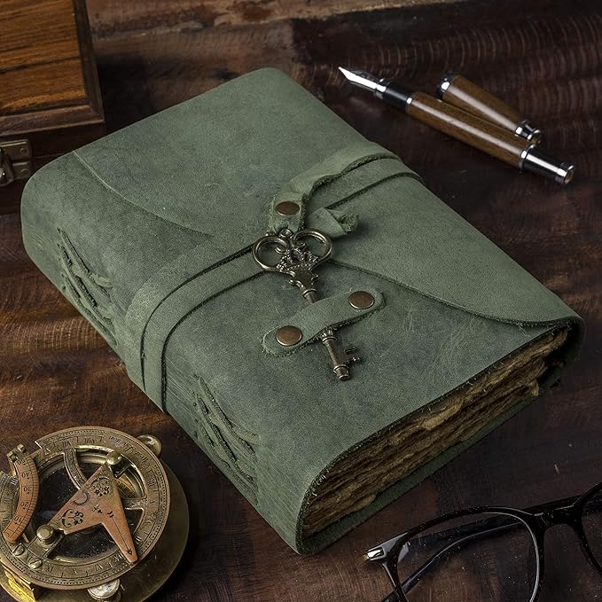 NomadCraftsCo. Vintage Leather Journal - Antique Handmade Deckle Edge Vintage Paper Leather Bound Journal - Book of Shadows Journal - Leather Sketchbook - Drawing Journal - Great Gift (Green, 9"x6")