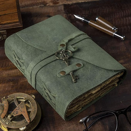 NomadCraftsCo. Vintage Leather Journal - Antique Handmade Deckle Edge Vintage Paper Leather Bound Journal - Book of Shadows Journal - Leather Sketchbook - Drawing Journal - Great Gift (Green, 9"x6")