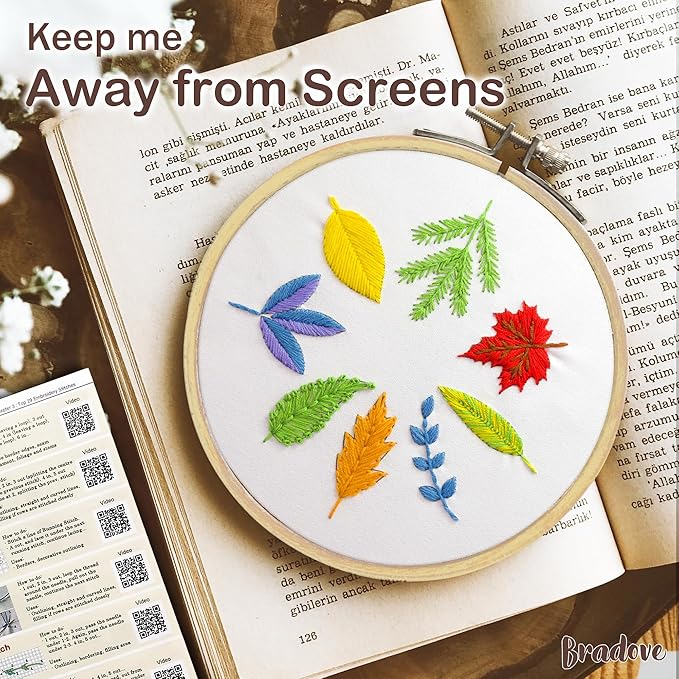 Bradove 3 Sets Leaves and Flowers Embroidery Kit for Beginners, Beginner Embroidery Kit for Adults, Learn to Embroider Kit Adult Beginner, Stitches Kit