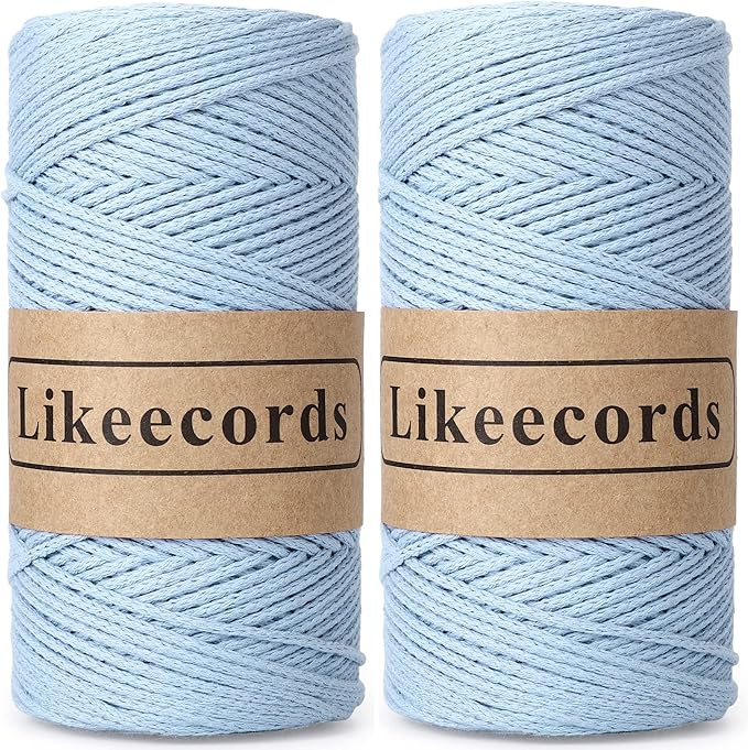 100% Cotton Rope Crochet Yarn Bag Cord 2mm 350Yards Braided Macrame Cord Macrame Rope Crochet Thread Gift for Knitter(Light Blue)