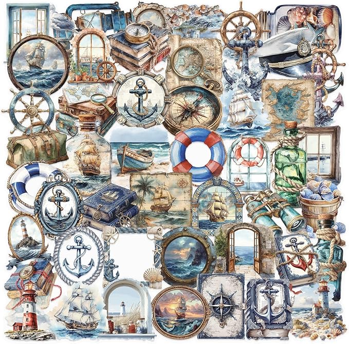50 PCS Vintage Nautical Clear Scrapbook Stickers – Retro Ocean Sailing Decals with Anchors, Ships, Lighthouses, Helm Wheels, Maps & Marine for Journaling, Crafting, Scrapbooks, Planners & DIY Decor