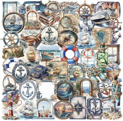 50 PCS Vintage Nautical Clear Scrapbook Stickers – Retro Ocean Sailing Decals with Anchors, Ships, Lighthouses, Helm Wheels, Maps & Marine for Journaling, Crafting, Scrapbooks, Planners & DIY Decor