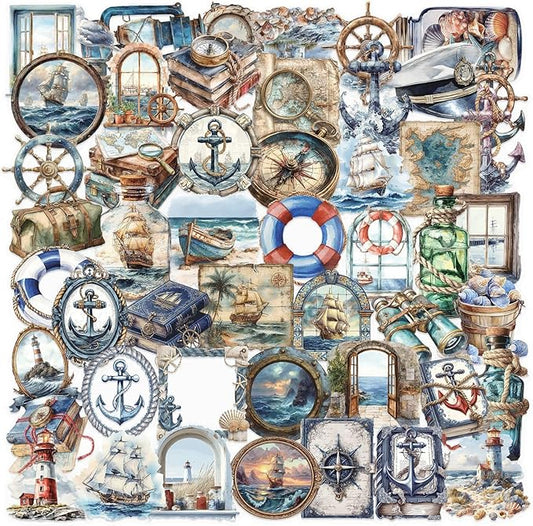 50 PCS Vintage Nautical Clear Scrapbook Stickers – Retro Ocean Sailing Decals with Anchors, Ships, Lighthouses, Helm Wheels, Maps & Marine for Journaling, Crafting, Scrapbooks, Planners & DIY Decor