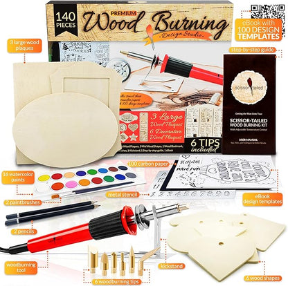 Scissor-Tailed Beginners Wood Burning Kit 140 Pieces. Best Gift Idea for Art & Craft Kit Lovers. Woodburning DIY Hobby Kits with 9 Large Wooden Plaques to Make Unique Wood Burning Projects