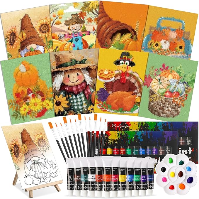 Cholemy 36 Pcs Valentine Paint and Sip Kit for Adults 8''x10'' Pre Drawn Canvas for Painting DIY Afro Acrylic Painting Kit Wood Easel Brushes Date Night Bulk for Party Gifts(Fall Scarecrow)