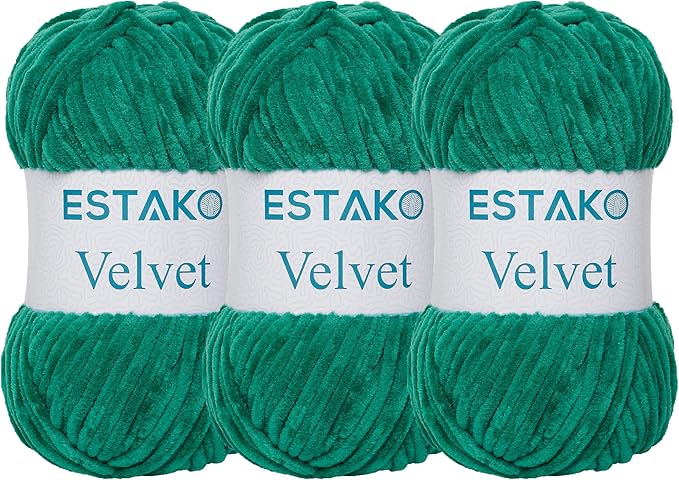 Estako Velvet (3- Skeins Pack) Chenille Blanket amigurumi Yarn for Crocheting and Knitting Super Bulky 3x100 gr (3x132 yds) (1920 - Benetton Green)