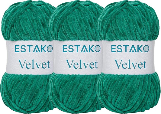 Estako Velvet (3- Skeins Pack) Chenille Blanket amigurumi Yarn for Crocheting and Knitting Super Bulky 3x100 gr (3x132 yds) (1920 - Benetton Green)