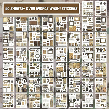 RISYPISY Pre-Cut Vintage Sticker for Journaling, 595PCS - 50 Sheets Washi Brown Scrapbooking Stickers, Ephemera for Junk Journal Supplies DIY Crafts Dark Academia Stickers for Adults