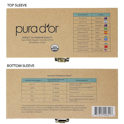 PURA D'OR Organic Perfect10 Essential Oils Set - 10x 10mL Wood Box Aromatherapy Gift Set - 100% Pure Therapeutic Grade for Relaxation and Wellness (Lavender, Peppermint, Eucalyptus, Tea Tree & More)