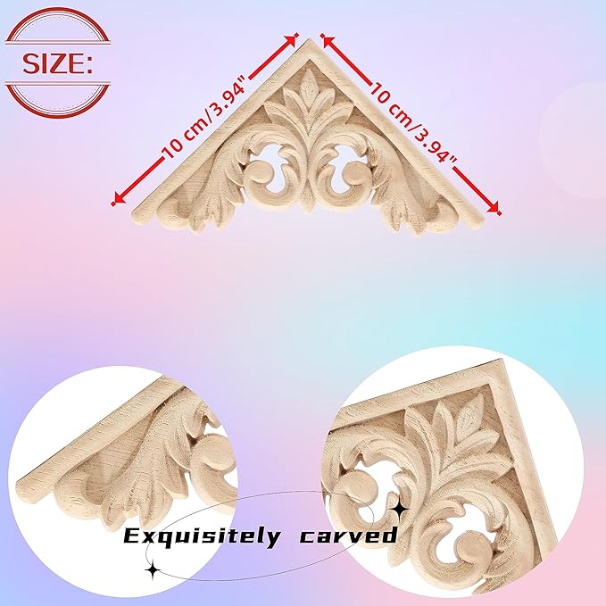 4PCS Corner Wooden Carving Decal Unpainted Wood Appliques Onlays DIY Wood Carved Furniture Appliques Onlays for Wall Bed Door Wardrobe Cabinet Furniture Decoration(03,10x10cm/3.94x3.94inch)