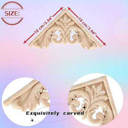4PCS Corner Wooden Carving Decal Unpainted Wood Appliques Onlays DIY Wood Carved Furniture Appliques Onlays for Wall Bed Door Wardrobe Cabinet Furniture Decoration(03,10x10cm/3.94x3.94inch)