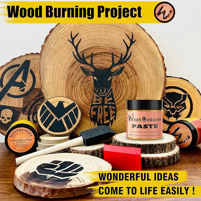 LAOBIAO Wood Burning Paste Beeswax Kit, 1 Jar Wood Burning Gel with 1 Jar Beeswax Paste, 2 Foam Paint Brushes and Squeegees for DIY Arts and Crafting & Stencil Wood Burning