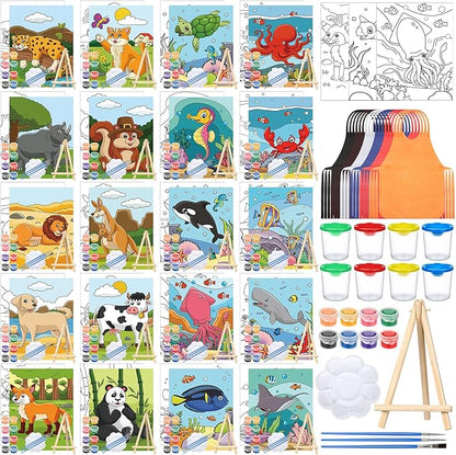 Sherr 140 Pcs 20 Set Pre Drawn Canvas Kit for Painting Craft Sip and Paint Kit for Adults Pre Printed Canvas Painting Favor for Virtual DIY Birthday Gifts Adult's Date Party(Animal)