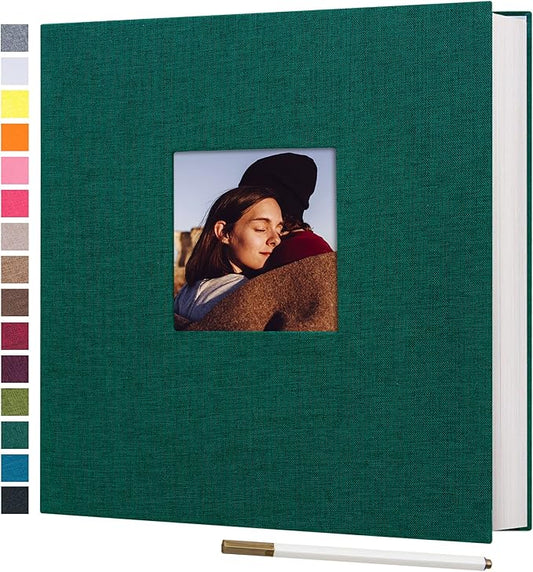 potricher Large Photo Album Self Adhesive 3x5 4x6 5x7 8x10 10x12 Pictures Linen Cover 40 Blank Pages Magnetic DIY Scrapbook Album with A Metallic Pen (Dark Green, 13.2x12.8 inches 40 Pages)