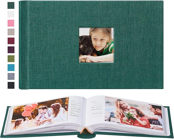 Mublalbum Small 4x6 Photo Album Linen Cover with Memo Areas Photobook Pictures Book Holds Horizontal Pockets for Wedding Family Baby and Vacation (Dark Green)
