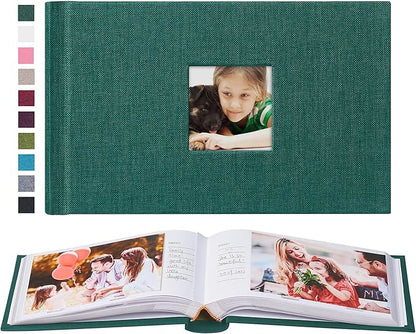 Mublalbum Small 4x6 Photo Album Linen Cover with Memo Areas Photobook Pictures Book Holds Horizontal Pockets for Wedding Family Baby and Vacation (Dark Green)