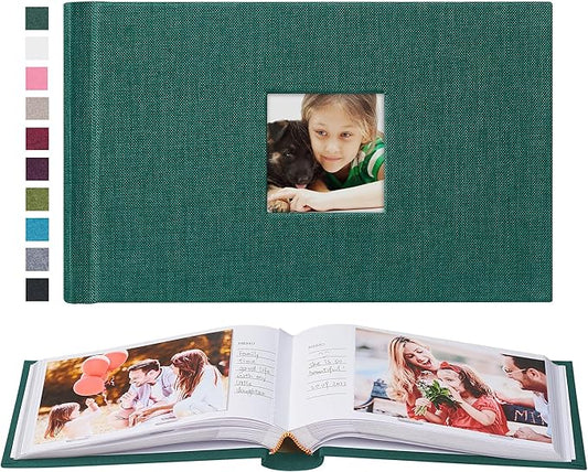 Mublalbum Small 4x6 Photo Album Linen Cover with Memo Areas Photobook Pictures Book Holds Horizontal Pockets for Wedding Family Baby and Vacation (Dark Green)