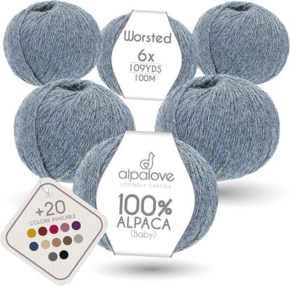 Worsted Set (6 x 1.75 oz) Super Soft Baby Alpaca Knitting Yarn Grey Green 656 Yards