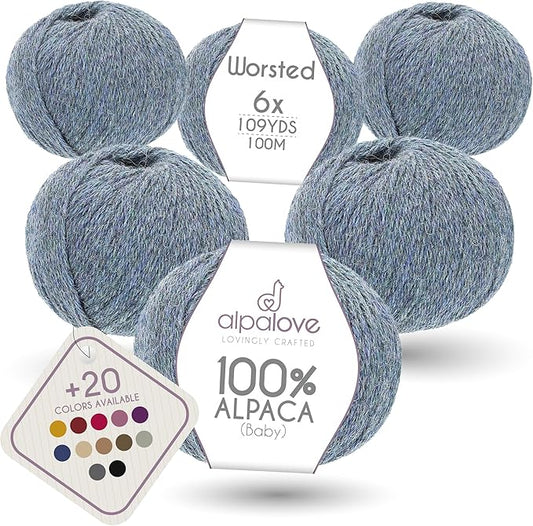 Worsted Set (6 x 1.75 oz) Super Soft Baby Alpaca Knitting Yarn Grey Green 656 Yards