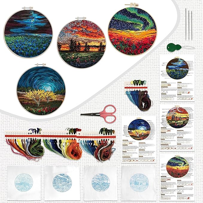 Maydear 4 Pack Embroidery Starter Kit with Pattern, Stamped Cross Stitch Kits for Beginners Adults with Embroidery Hoop and Instructions, Hand Embroidery Kit (Embroidery kit flower2)
