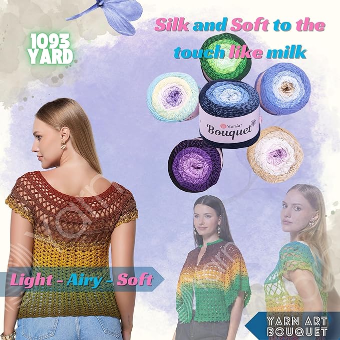 2 Skein Yarn Art Bouquet 100% Cotton 250grx2 550yardsx2 Multicolor Cotton Cake Yarn, Ombre More Softness, Gradient Rainbow Crochet Spring Summer Light 3, Top 5 Most Used Colors (Bouquet 717)
