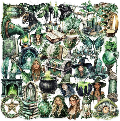 50PCS Forest Witch Stickers – Green Gothic Aesthetic Transparent Scrapbooking Stickers, Witchy Clear Decals for Journaling, Spell Books, Resin Crafts Projects, Tumbler, Laptop