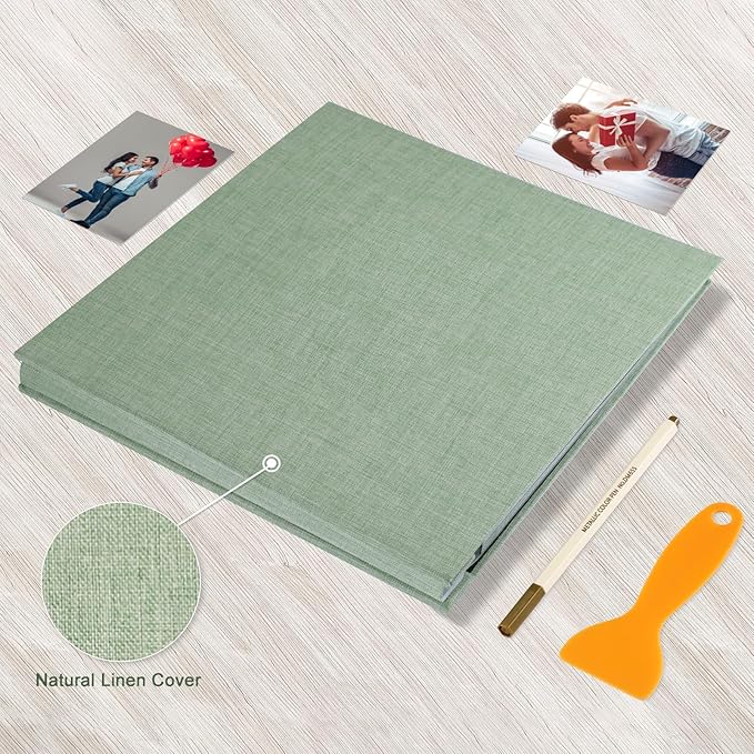 Photo Album Self Adhesive Pages Black Sticky Pages Large Scrapbook Linen Cover for 4x6 5x7 8x10 Pictures Album de Fotos Wedding Couples Baby Family Memory Book, 11x10.6 Grass Green 40 Pages