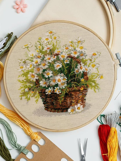 RIOLIS - Russian Daisies 1478, Cross Stitch Kits 9.75"x9.75", Cross Stitch Kits for Adults, Counted Cross Stitch Kits, Embroidery Kit for Beginners & Advanced, Floral Crossstitching Kits