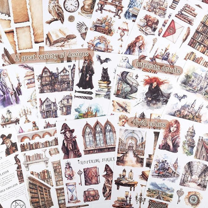 Pre-Cut Magic Sticker Book for Junk Journal, 20 Sheets Wizard Sticker Vintage Ephemera PET Washi Paper Materials for Scrapbooking, Journaling, Collage