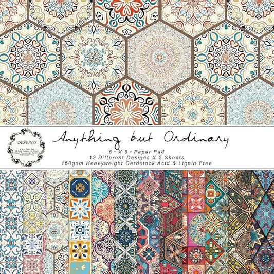 DESEACO Groovy Boho Tribal Scrapbook Pad – 24 Bohemian Sheets for Scrapbooking, Junk Journals, Collage, Decoupage, Card Making & Mixed Media, 6x6 Single-Sided Craft Paper