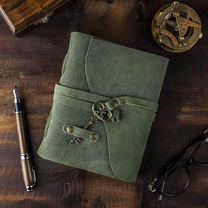 NomadCraftsCo. Vintage Leather Journal - Antique Handmade Deckle Edge Vintage Paper Leather Bound Journal - Book of Shadows Journal - Leather Sketchbook - Drawing Journal - Great Gift (Green, 9"x6")