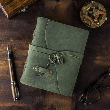 NomadCraftsCo. Vintage Leather Journal - Antique Handmade Deckle Edge Vintage Paper Leather Bound Journal - Book of Shadows Journal - Leather Sketchbook - Drawing Journal - Great Gift (Green, 9"x6")