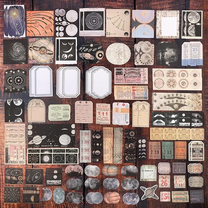 Draupnir 200pcs Vintage Junk Journal Supplies,Scrapbook Supplies Scrapbooking Paper and Stickers Ephemera for Art Aesthetic Journaling Kit Collage(Celestial)