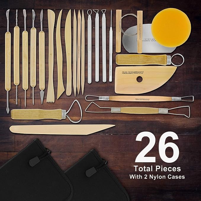 U.S. Art Supply Pottery & Clay Tools Sets (26-Piece) - 12 and 14-Piece Set Include Pottery Tools, Canvas Case for Sculpting, Ceramics, and Easy Storage & Transport