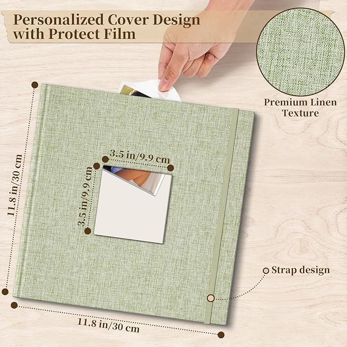 Vienrose Scrapbook Album 12" x 12", Large Linen Photo Album with Writing Space, DIY Scrapbook Supplies for Wedding, Baby, Family Memories & Travel (50 sheets / 100 pages, Grass Green)