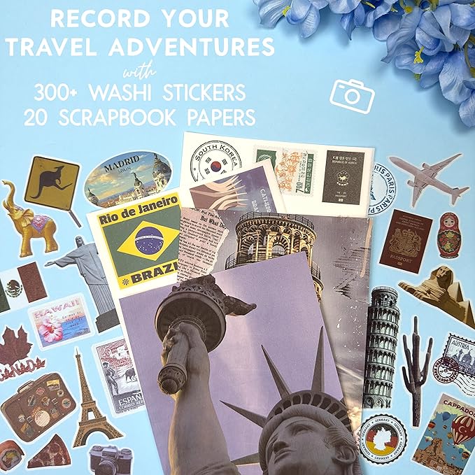 Fayware 300+ Travel Stickers for Scrapbooking & 20 A5 Papers - Pre-Cut Washi Stickers for Journaling, Vintage Travel Scrapbooking Supplies, Junk Journals Stickers
