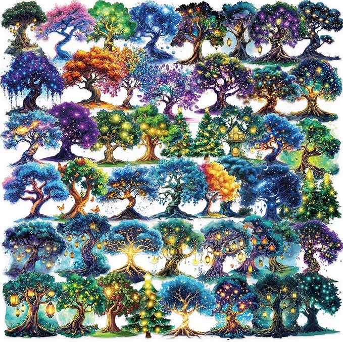 50pcs Fantasy Magic Tree Stickers Pack – Clear Waterproof Scrapbook Decals for Journaling, Diary, Collage, Laptop, Water Bottle, Planner, Aesthetic Nature Forest Tree of Life Sticker