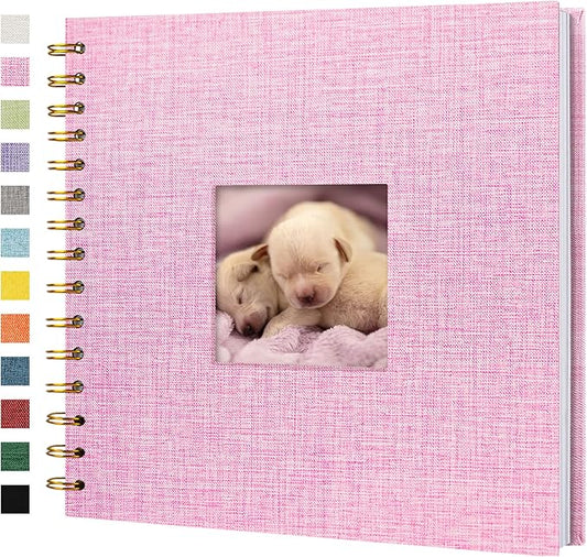 Hiwhy Scrapbook Photo Album Linen Cover, 8 x 8 Inch Hardcover Kraft White Pages Memory Book, for Travel Wedding Guest Book Christmas Baby Shower (20 Sheets/ 40 Pages,Pink)