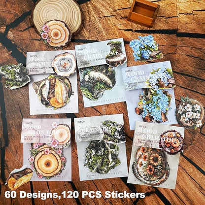 AuriicLeaf Nature Wood Slice Sticker Set, 120PCS Vintage Designs with Flowers, Moss, Logs and Botanical Elements for Journaling, Scrapbooking and Crafts